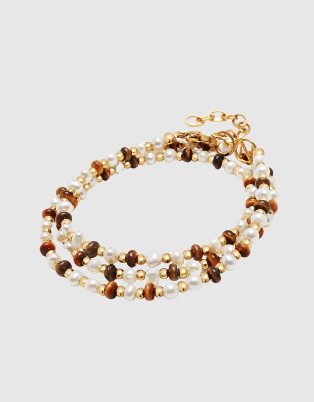 Nialaya Jewellery - Wrap Bracelet with White Pearls, Brown Tiger Eye, and Gold