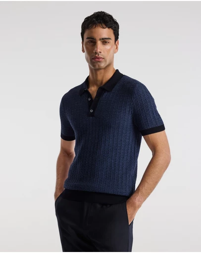 Calibre - Textured Jacquard Merino Polo Navy