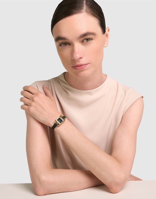 Furla - Mianuvola Square Yellow Gold-Tone Black Leather Strap Watch