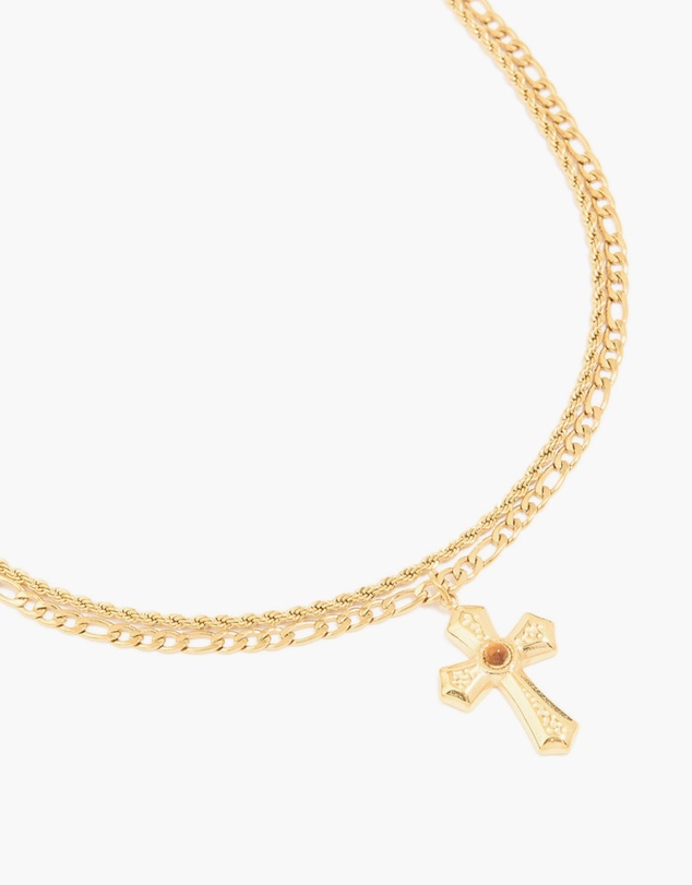 Lovisa - Waterproof Gold Plated Stainless Steel Tigers Eye Semi Precious Stone Cross Chain Layered Necklace