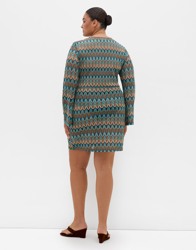 City Chic - Plus size Breeze Print Bell Sleeve Mini Dress - blue multi