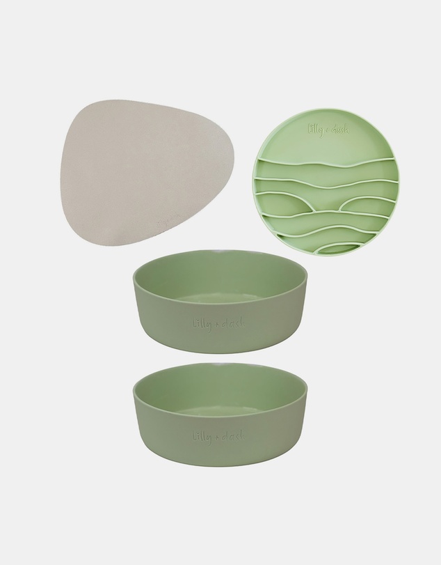 Lilly + Dash - Dog Eat and Drink Set – 2 Bowls + Lick Insert + Slate Placemat Set