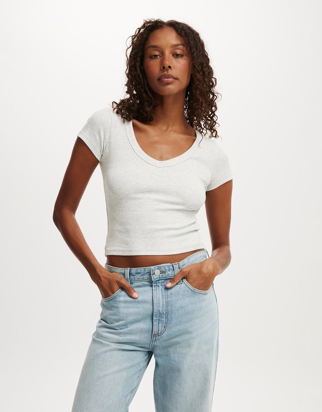 Cotton On - Goldie Rib V Neck Short Sleeve