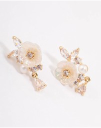 Lovisa - Gold Plated Cubic Zirconia Floral Detailed Pearl Earrings
