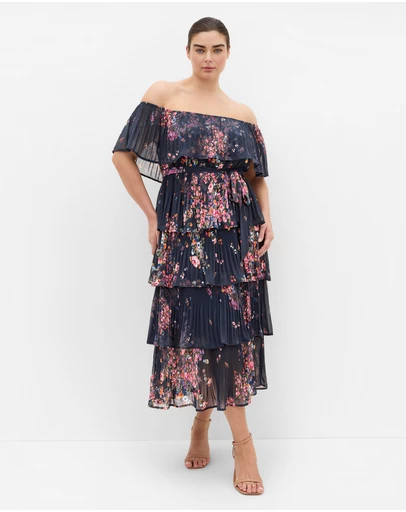 City Chic - Night Garden Print Tier Midi Dress