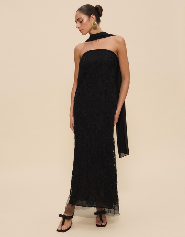 CHANCERY - Sana Strapless Sheer Lace Maxi Dress with Scarf