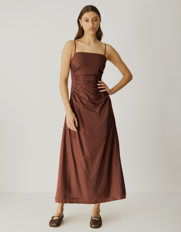 Atmos&Here - Cinch Waist Linen Blend Midi Dress