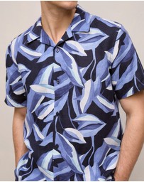 Trenery - Painted Leaf Linen Camp Shirt in Navy