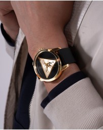 GUESS - Guess Triangle Men's 44mm Black Dial Gold-Tone Case and Black Leather Strap