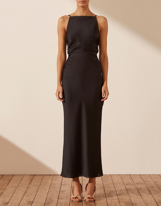 ruffle collar midi dress Straight Shot Dress, Blue Stripe – Chic Soul