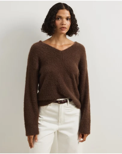 Atmos&Here - Dayna Fluffy V-Neck Pullover Sweater