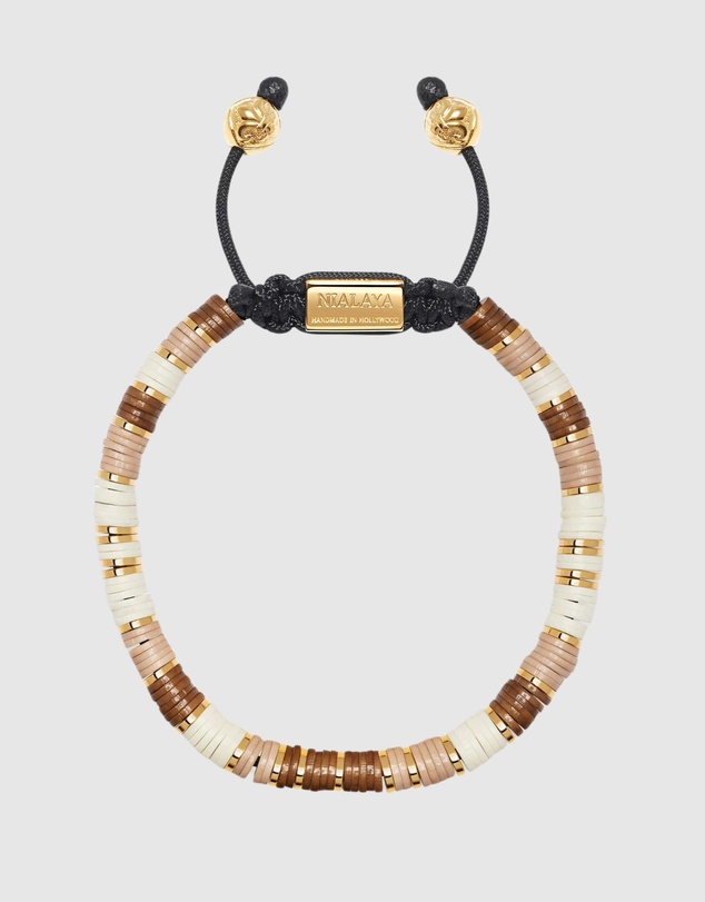 Nialaya Jewellery - Men's Beaded Bracelet with Brown, Beige and Gold Disc Beads