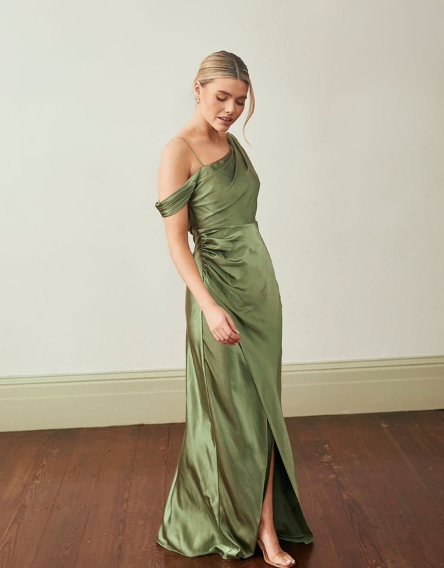 Six Stories - Asymmetrical Bardot Strap Satin Bridesmaid Dress