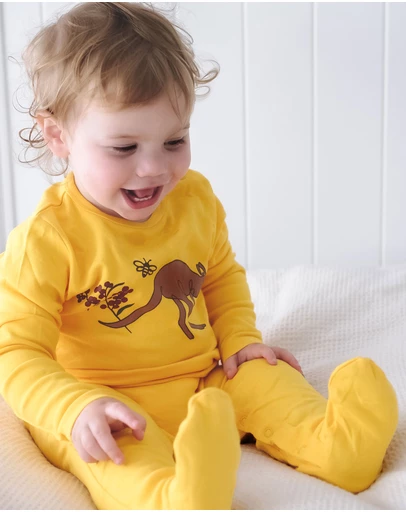 B Free Intimate Apparel - Baby Snap Button Sleepsuit with Booties - 100% Organic Cotton - Yellow Kangaroo