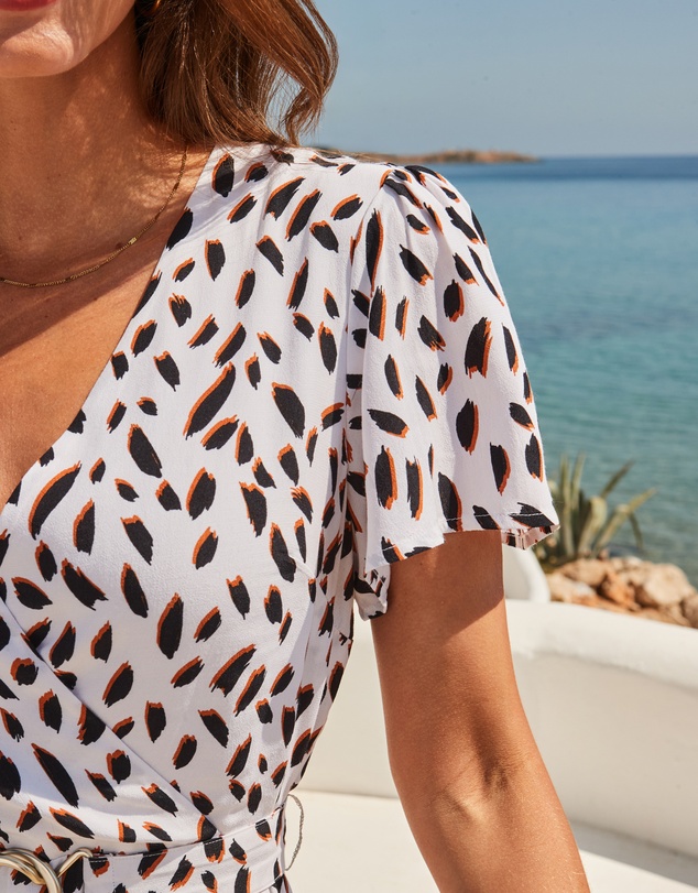 Sosandar - Fleck Print Faux Wrap Belted Dress