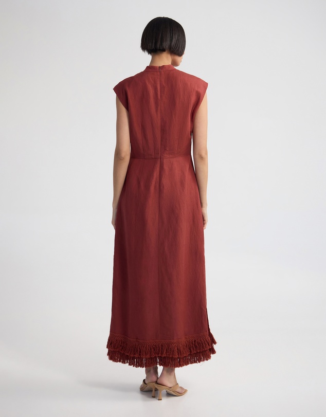 Oxford - Ingrid Fringe Trim Linen Blend Dress