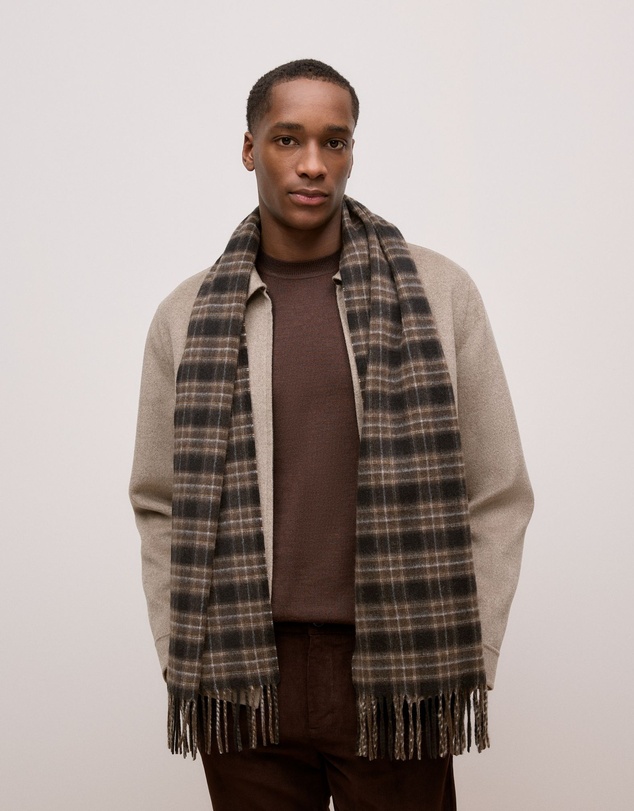 Trenery - Alba Wool Cashmere Check Scarf in Coffee Bean