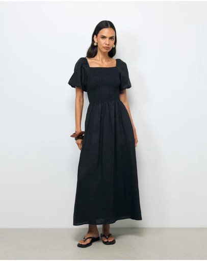 AERE - Olana Shirred Linen Midi Dress