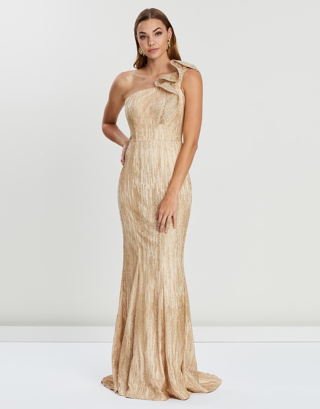 Bariano - Viva Ruffle Shoulder Glitter Gown