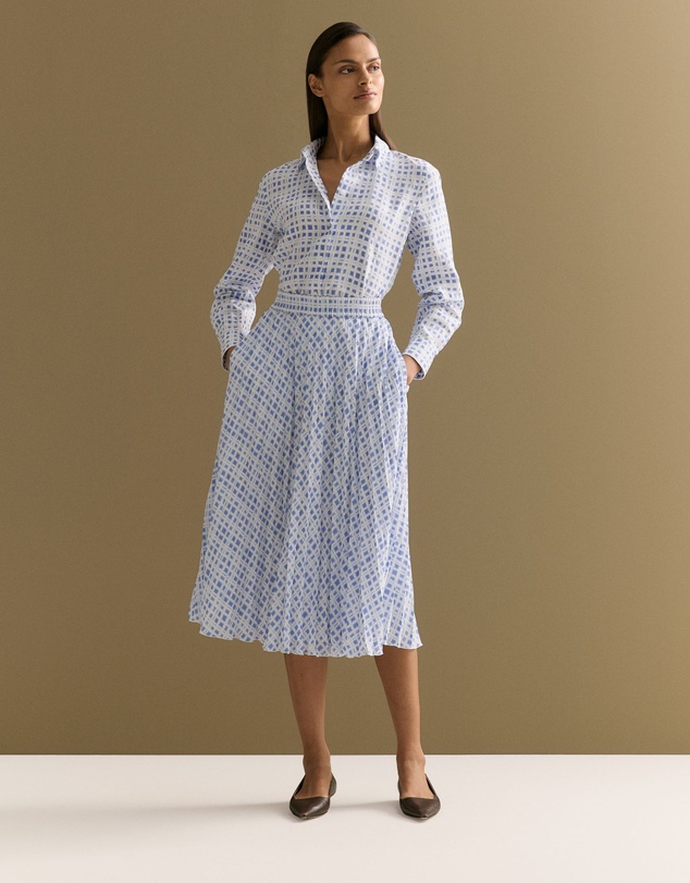 Trenery - Geo Grid Print Pull On Pleated Skirt in Cornflower Blue