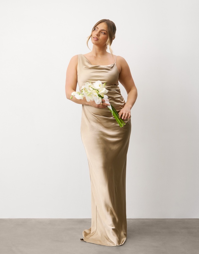 Six Stories - Cowl Front Asymmetrical Satin Bridesmaid Dress