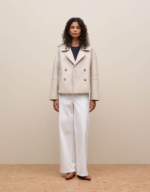 Trenery - Leather Double Breasted Cropped Jacket in Stone