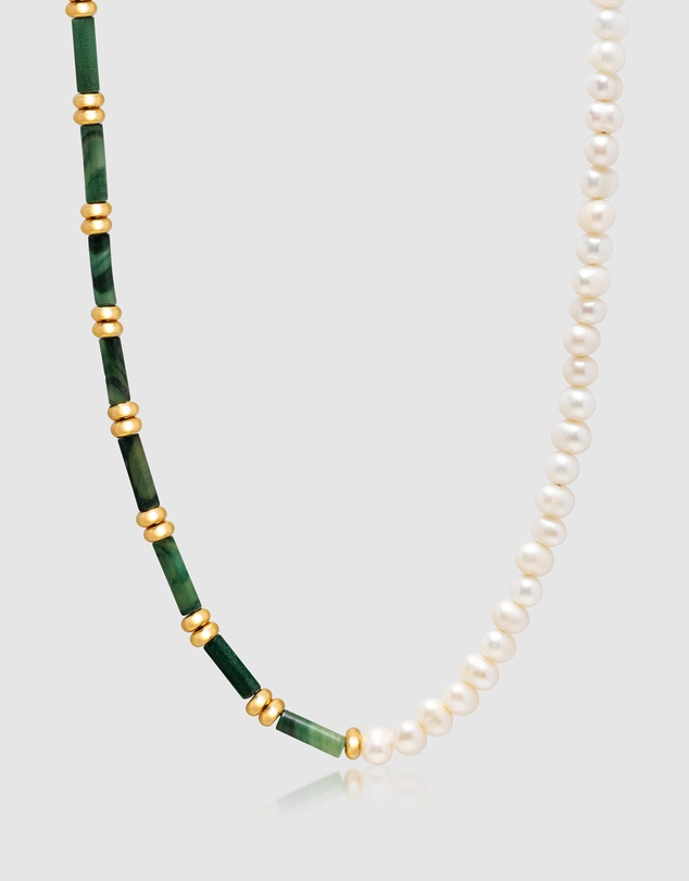 Nialaya Jewellery - Beaded Necklace with Freshwater Pearls and Green Jade