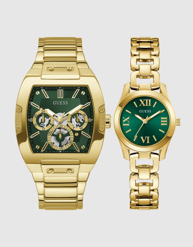 GUESS - Guess Gents and Ladies Set - Phoenix Gold Tone & Green & Veda Ladies Gold Tone Analogue