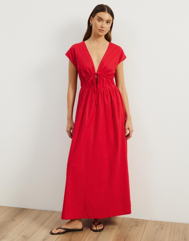 Atmos&Here - Anna Tie Front Linen Blend Maxi Dress
