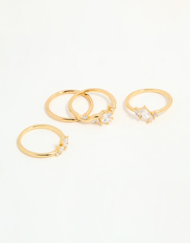Lovisa - Gold Plated Cubic Zirconia Leaf Marquise Rings 4-Pack