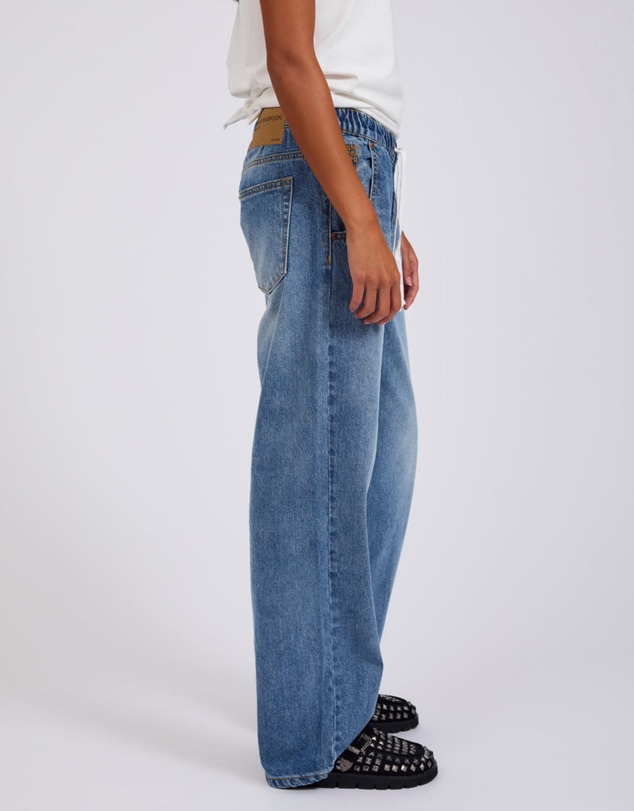 ONE TEASPOON - Roadhouse Mid Waist Wide Leg Drawstring Denim Jean - Hoodlum Blue