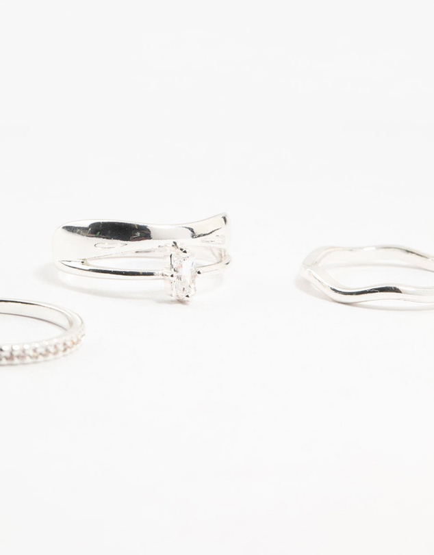 Lovisa - Silver Plated Diamante Baguette Wave Rings 3-Pack