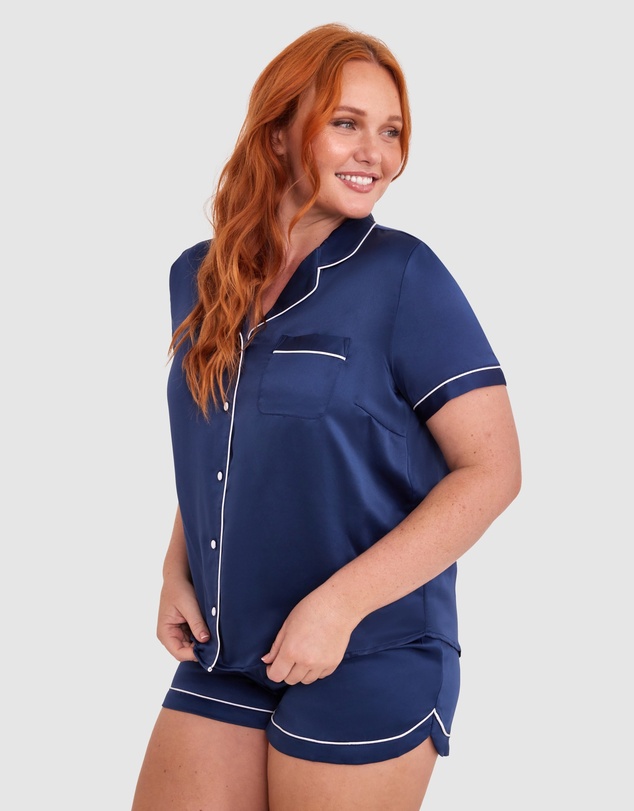 Bras N Things - Liquid Satin Short Sleeve Top - Navy