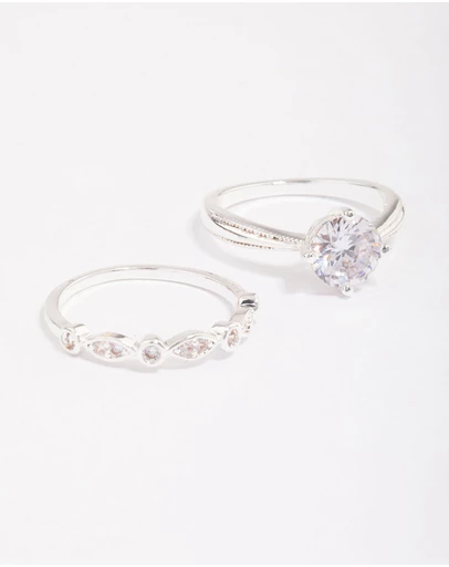 Lovisa - Silver Plated Cubic Zirconia Round Stone Ring Pack