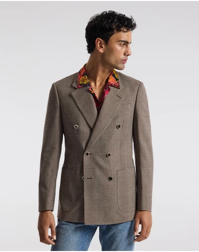 Calibre - Double-Breasted Glen Check Wool Blazer Mahogany
