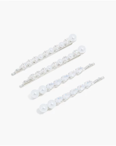Lovisa - Silver Plated Cubic Zirconia & Pearl Hair Clips 4-Pack
