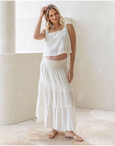 Angel Maternity - Ellie Maternity Shirred Maxi Skirt in White