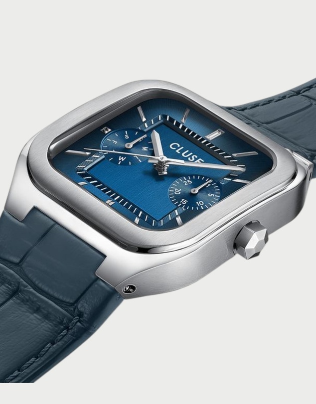 Cluse - CLUSE Quadrus Multi, Leather, Blue, Silver Colour