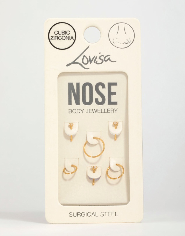 Lovisa - Gold Plated Surgical Steel Cubic Zirconia Stud & Hoop Nose Piercings 6-Pack