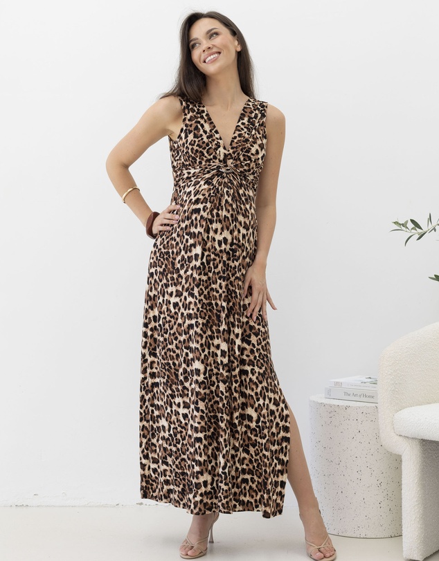 Angel Maternity - Irene Maxi Knot Front Maternity Dress - Animal Print