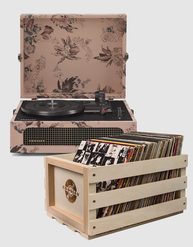 Crosley - Crosley Voyager Bluetooth Portable Turntable - Floral + Bundled Record Storage Crate