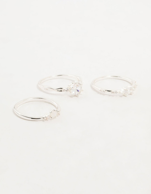 Lovisa - Silver Plated Cubic Zirconia Stacking Rings 3-Pack