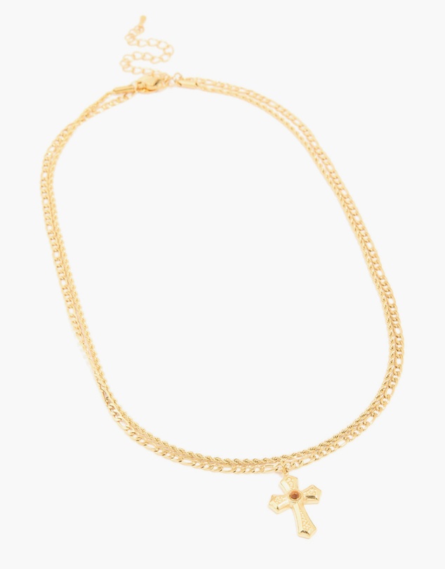 Lovisa - Waterproof Gold Plated Stainless Steel Tigers Eye Semi Precious Stone Cross Chain Layered Necklace