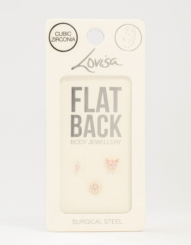 Lovisa - Gold Plated Surgical Steel Butterfly & Flower Flat Backs 3-Pack