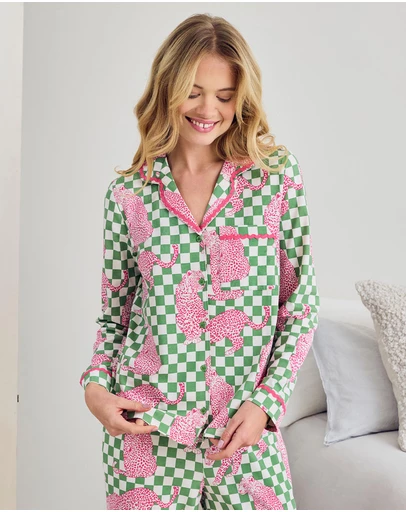 Chelsea Peers - Organic Cotton Leopard Checkerboard Long Pyjama Set