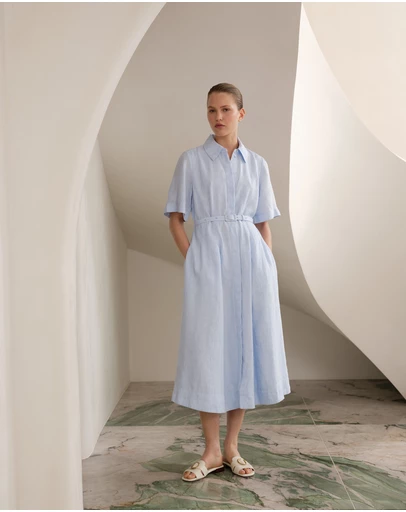Trenery - Linen Belted Short Sleeve Shirt Dress in Ice Blue