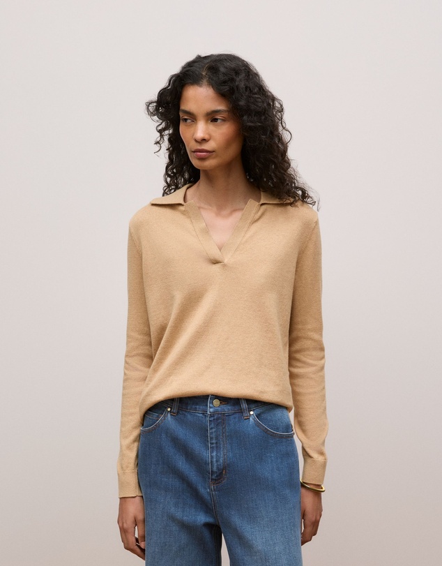 Trenery - Cotton Cashmere Long Sleeve Polo in Camel