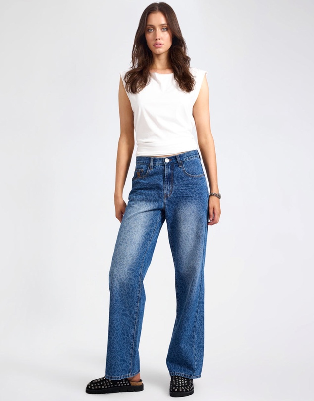 ONE TEASPOON - Jackson Mid Waist Wide Leg Denim Jeans - Blue Animal