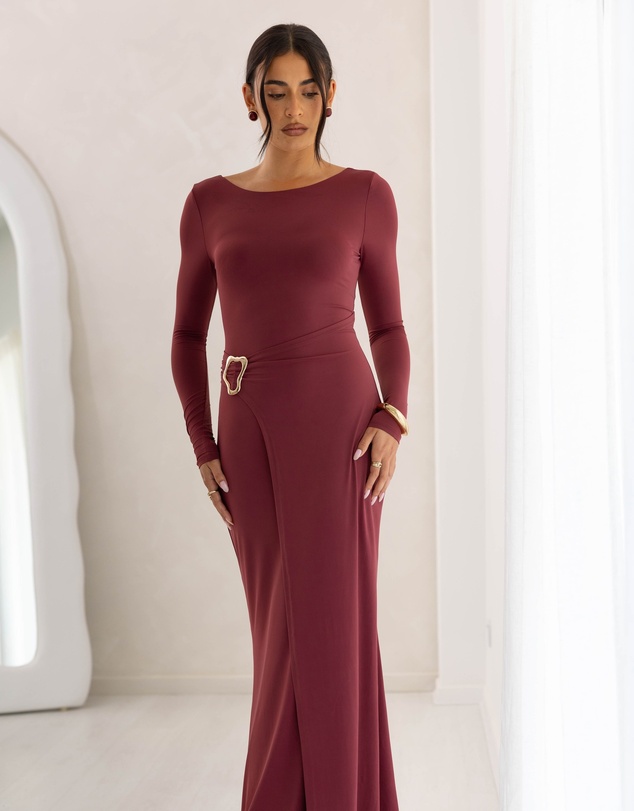 Beginning Boutique - Misaki Burgundy Long Sleeve Wrap Maxi Dress