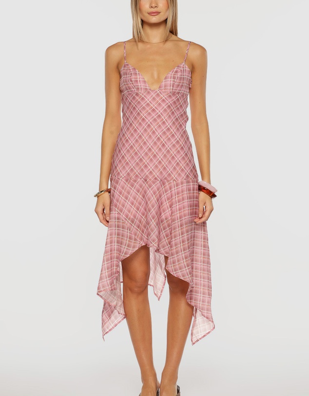 Beginning Boutique - Milla Pink Plaid Hanky Hem Midi Dress